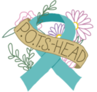 Turquoise Awareness ribbon with floral elements with ribbon that reads POTS Head to bring attention to Postural orthostatic tachycardia syndrome.